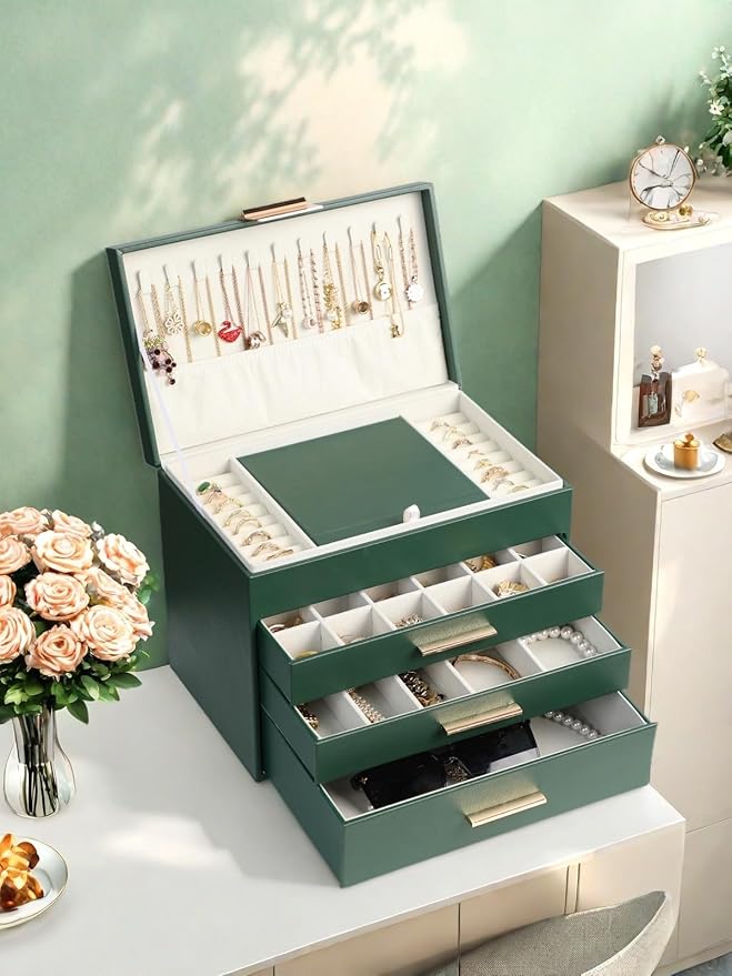 BOOVO Jewelry Boxes for Women, 5 Layer Jewelry Organizer with Necklace Hanger and Drawers, Large Jewelry Box for Earrings, Necklace and Bracelet Storage Gifts for Women and Girls (Green, 5 Layer)