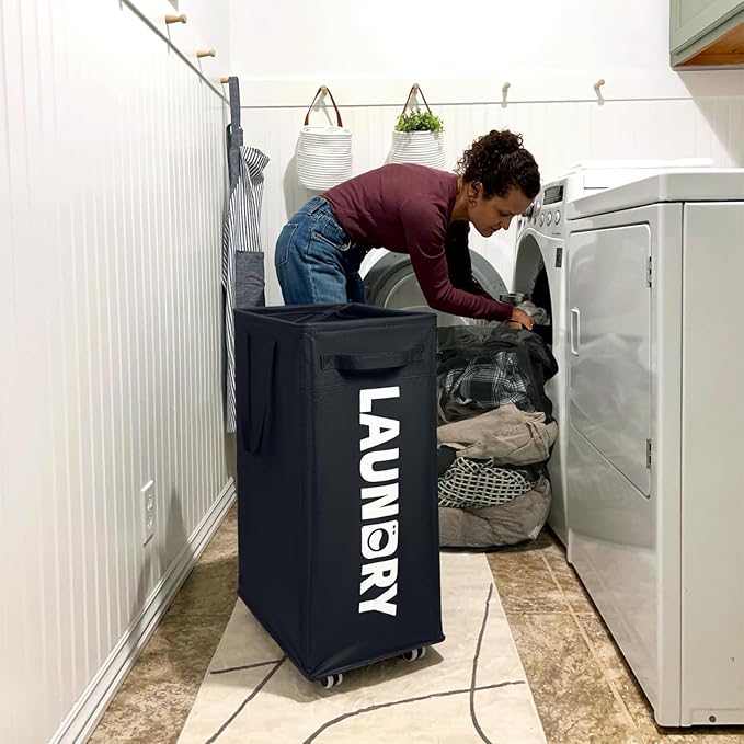 Goodpick Laundry Basket with Wheels, 2-Pack 75L Rolling Laundry Hamper with Removable Wash Bags, Collapsible Laundry Basket for Corner Dorm, Black