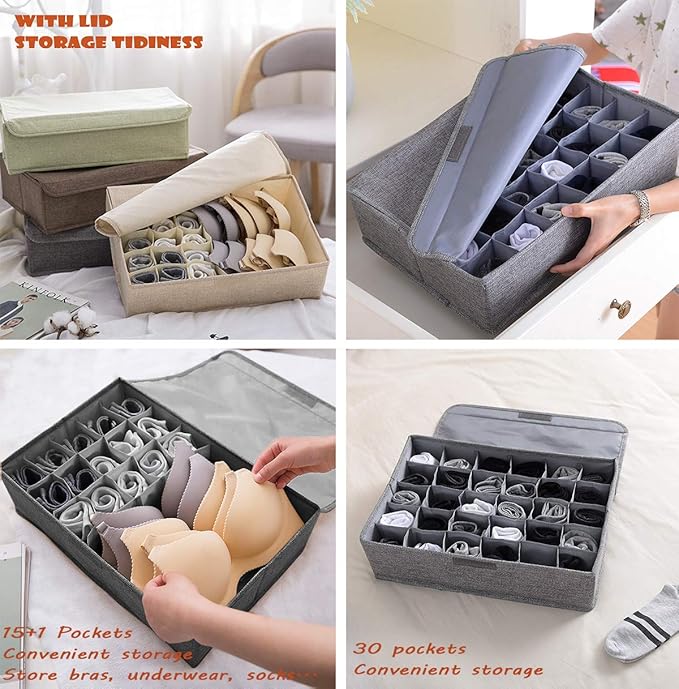 AARAINBOW 2 Packs Underwear Socks Storage Organizer with Lids Foldable Closet Drawer Organizer 46 Cells, Drawer Organizer Bins for Ties Scarves Lingerie Bra Fabric Dividers (30+16 Cell, 2 Gray)