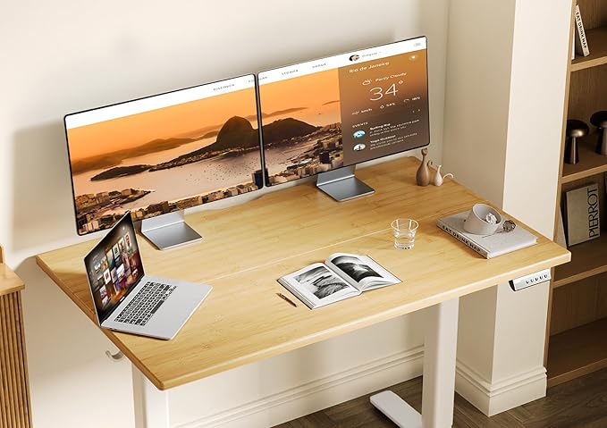 Claiks Bamboo Electric Standing Desk, Adjustable Height Stand up Desk, 48x24 Inches Sit Stand Home Office Desk with Splice Board, White Frame/BambooTop