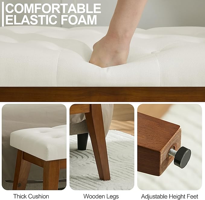 43.5'' Linen Bedroom Bench, Upholstered End of Bed Bench with Tufted Button, Padded Vintage Dining Bench, Entryway Bench with Solid Wood Legs, Kitchen, Living Room, Hallway, Beige Tufted