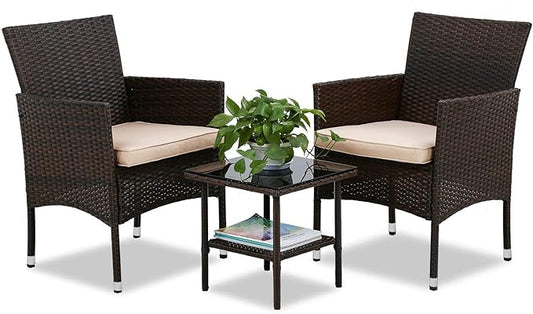 FDW | 3-Piece Patio Furniture Set | Brown | Outdoor Wicker Furniture with Coffee Table | Modern Rattan Chairs Conversation Set | Outdoor Seating | Weather-Resistant | for Porch, Garden, Lawn