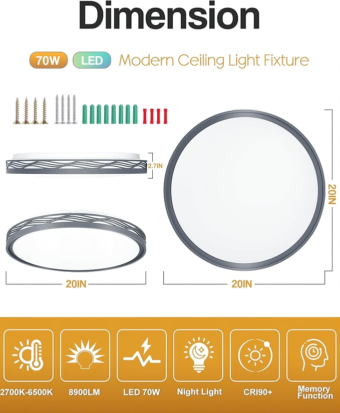 20 Inch Large LED Flush Mount Ceiling Light, 2700K-6500K Dimmable LED Ceiling Light Fixture with Remote, 70W 8900lm Round Modern Ceiling Lamp for Bedroom, Living Room, Hallway (Grey)