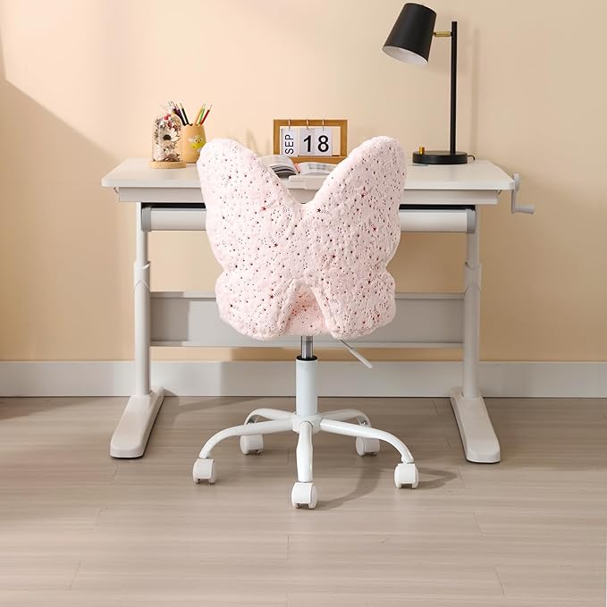 Cute Fuzzy Kids Chair for Teenage Girls Rolling Study Desk Student Chair Furry Computer Task Chair, Adjustable Butterfly Shaped Reading Vanity Chair for Bedroom, Pink