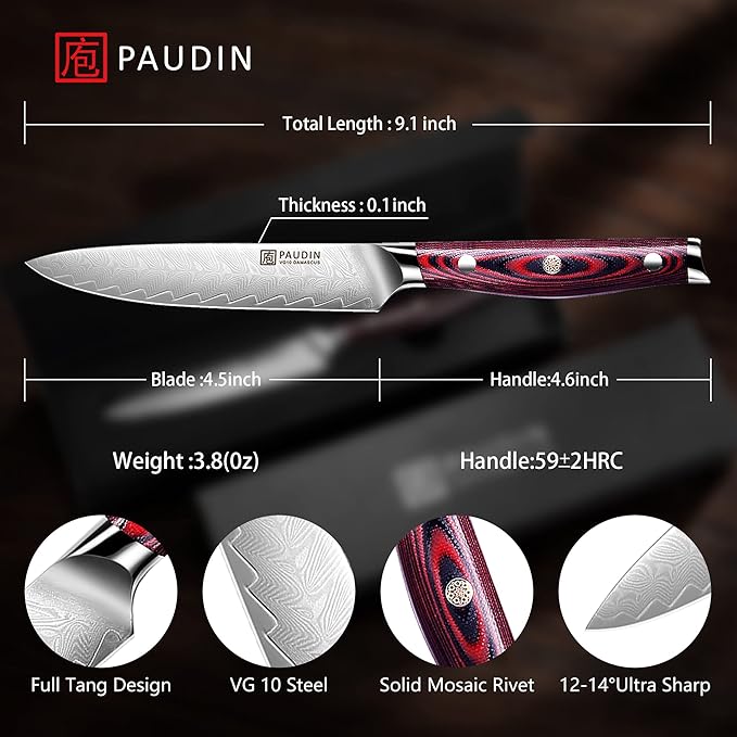 PAUDIN Kitchen Utility Knife 5 Inch, Damascus Chef Knife Japanese Kitchen Knife VG10 High Carbon Stainless Steel