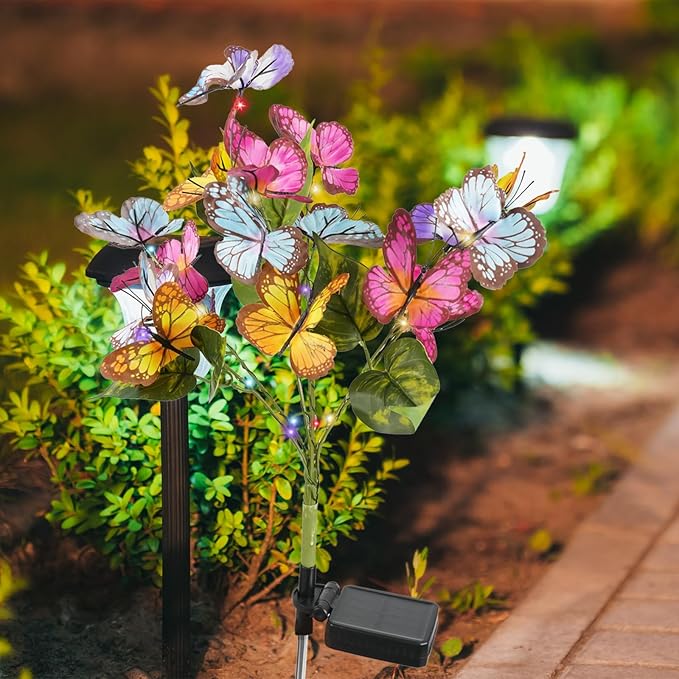 Solar Flower Lights-2 Pack Solar Garden Lights, Outdoor Waterproof Decorative Light, Butterfly Flower Garden Decor for Landscape, Pathway, Yard