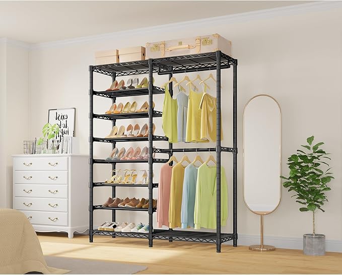 VIPEK S2 Heavy Duty Clothes Rack with Shoe Shelves Freestanding Clothing Rack with 6-Tier Shoe Rack, Double Hanging Rod, Adjustable Shelf, Walk in Closet Organizer Garment Rack, Black
