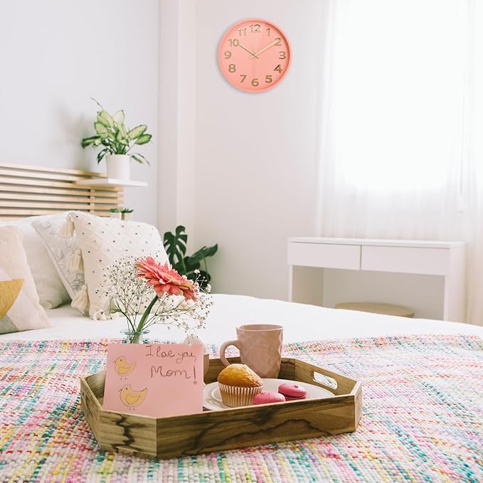 Pink Wall Clock 10 Inch Battery Operated Analog Easy to Read for Kids/Women/Girls Bedroom Home,Large 3D Numbers