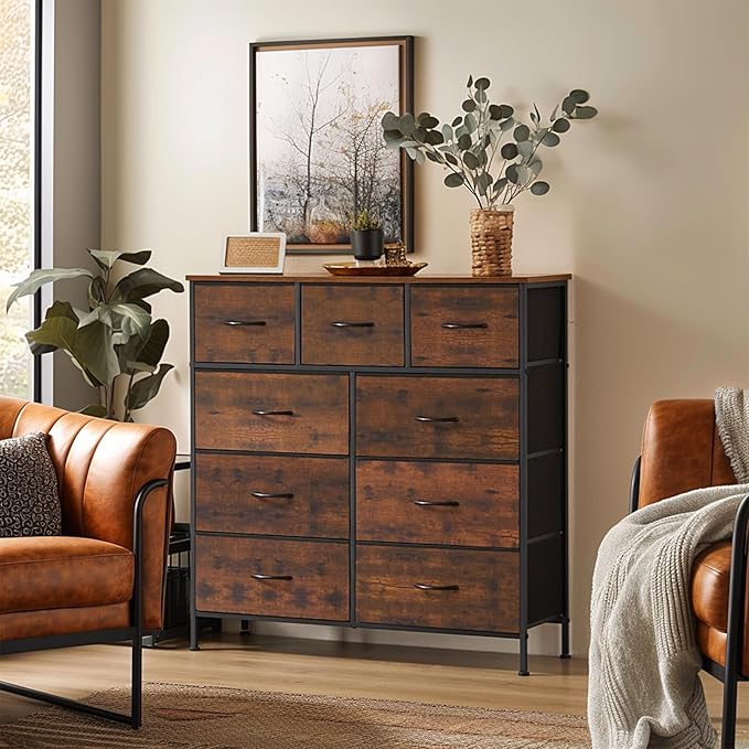 Sweetcrispy Dresser with 9 Drawers for Bedroom, Fabric Dresser Storage Tower, Chest of Drawers Organizer Unit, Storage Cabinet for Hallway, Closets, Steel Frame, Wood Top