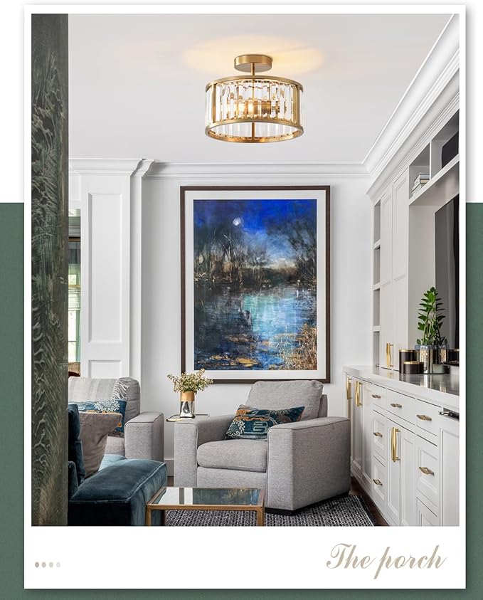 Brass Gold Flush Mount Ceiling Light, 2- Light Caged Crystal Chandelier, Small Drum Hallway Light fixtures Ceiling Mount (Brass Gold)