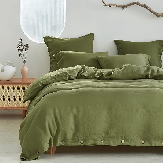Simple&Opulence 100% Washed Linen Euro Sham Cover, 26 x 26 Inch, Decorative Bed Pillow Cover with Coconut Button, Solid Color Pillow Shams Set of 2 (Olive Green)