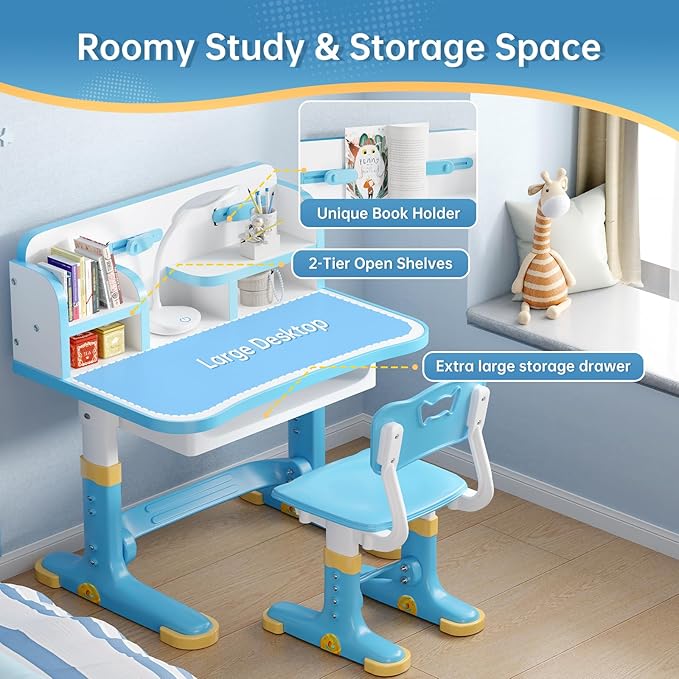 Kids Desk and Chair Set, Height Adjustable Child's School Study Writing Tables, Kids Desk with Bookstand and Storage Drawer, Widened Desktop with Desktop for Boys and Girls