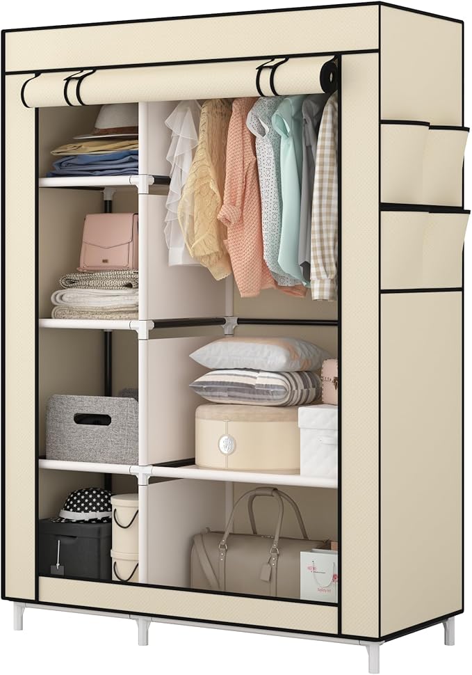 Calmootey Portable Closet Organizers, Clothing Storage, Wardrobe with 6 Shelves and Hanging Rod, Non-Woven Fabric Cover with 4 Side Pockets, Beige
