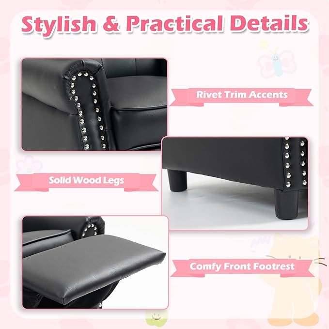 AVAWING Kids Wingback Recliner Chair with Studded Tufted Backrest & Nailhead Trim, PU Leather Kids Chair with Adjustable Backrest and Footrest, for Bedroom or Nursery (Black)