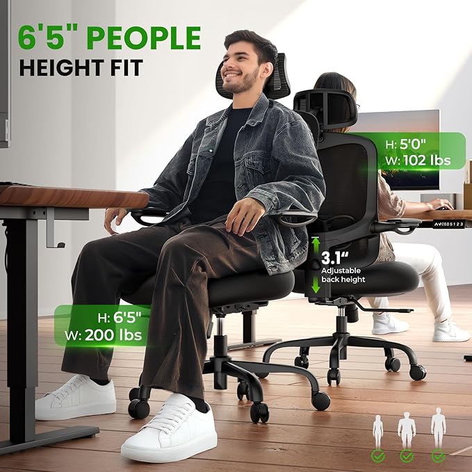 Ergonomic Office Chair Big and Tall - 6'5" Tall Max, 350Lbs Capacity Computer Desk Chairs Over 10 Hours Comfortable, with Adjustable Mesh High Back, Lumbar Support, 3D Headrest, Flip-up Arms