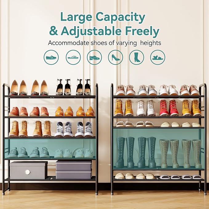 SUFAUY 33" Wide Shoe Rack, 5-Tier Shoe Storage Rack for 24-30 Pairs of Shoes, Shoe Organizer for Entryway, Steel Frame, Industrial, Black