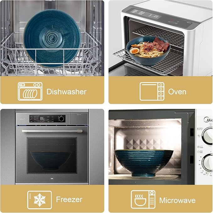 8 Inch Ceramic Ramen Bowl Set of 2, 40oz Japanese Bowls with Spoons & Chopsticks,Durable,Microwave & Dishwasher Safe,Perfect for Ramen,Pho,Salad,Soup,Noodles，Mixing bowls（Azure）