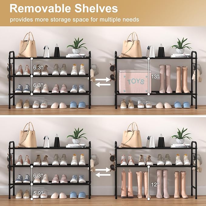 3 Tier Shoe Rack 33" Wide Metal Shoe Organizer Long Shoe Storage with 4 Side Hooks Sturdy Shoes Shelf for Front Door Entrance, Closet, Garage, Dorm, Black