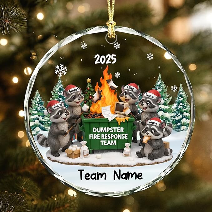 NAZENTI Personalized Funny Raccoon Fire Response Ornament, Custom Burning Dumpster Holiday Decoration, Coworker Christmas Glass Hanging Gift
