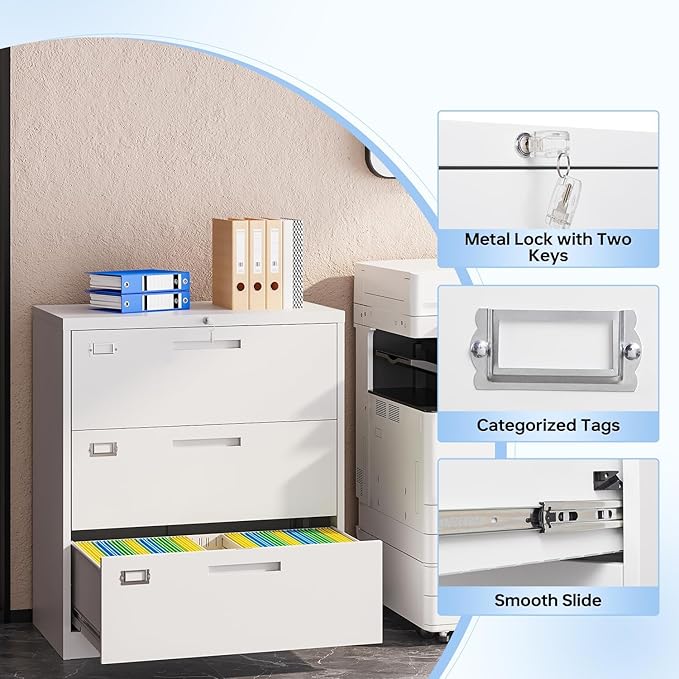 Lateral Filing Cabinet,3 Drawer File Cabinet with Lock,Office Lateral File Cabinets for Legal/Letter A4 Size,Require Assembly, White