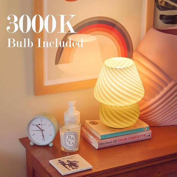 ONEWISH Mushroom Lamps Set of 2 - Small Bedside Table Lamp with Striped Glass, Nightstand Lamp for Bedroom, Bulb Included, for Christmas New Year, Creamy Yellow