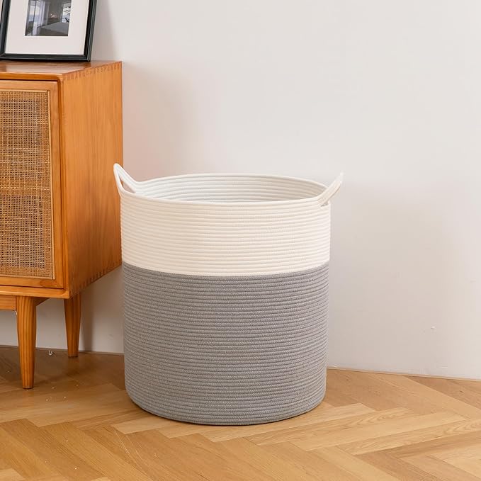 Laundry Basket, 100L Large Laundry Hamper, Tall Woven Rope Storage Basket for Blanket Toys Pillows Towels, Baby Nursery Hamper Bin for Living Room, Bedroom (Grey & White)