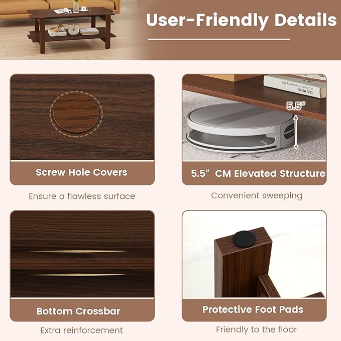 Giantex Coffee Table with Storage, 45 Inch Modern Center Table with Slatted Design & Side Rail Support, Rectangular Living Room Table for Small Spaces, Walnut