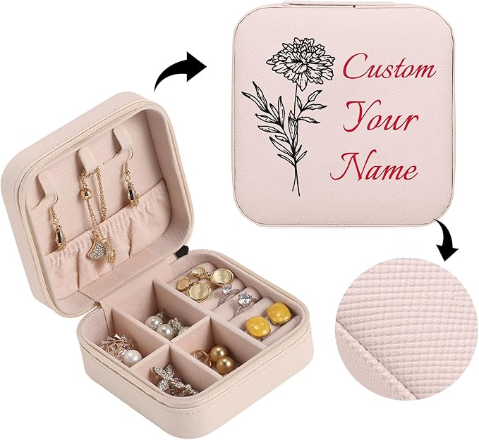 Personalized Jewelry Boxes for Women, Custom Travel Jewelry Case with Name and Birth Flower Month, Portable Jewelry Box Organizer for Mom Birthday Gifts (Pink Customizable)