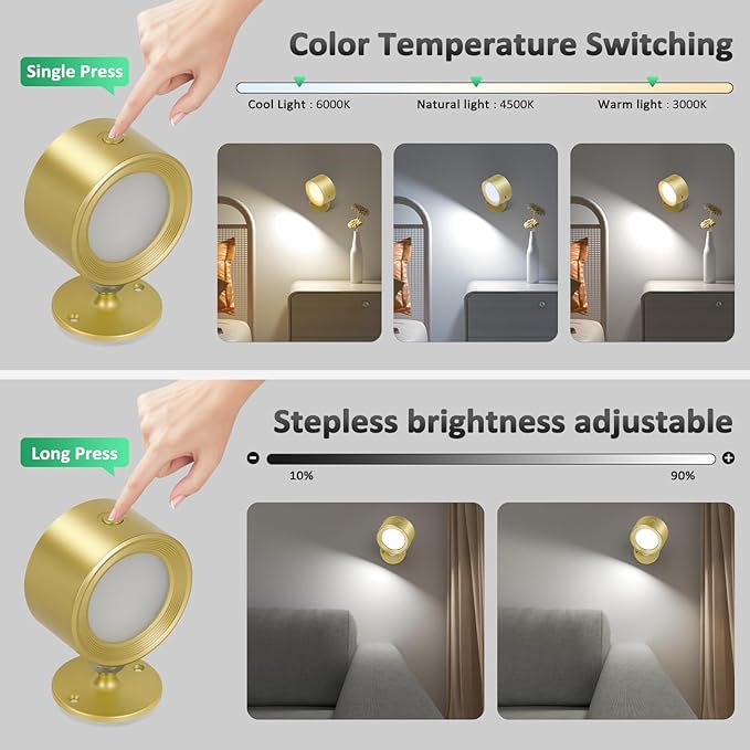 Lightbiz LED Wall Lights with Remote, Wall Sconces Lamp Rechargeable Battery Operated, 3 Color Temperatures & Dimmable Magnetic 360° Rotation Cordless for Bedroom Bedside