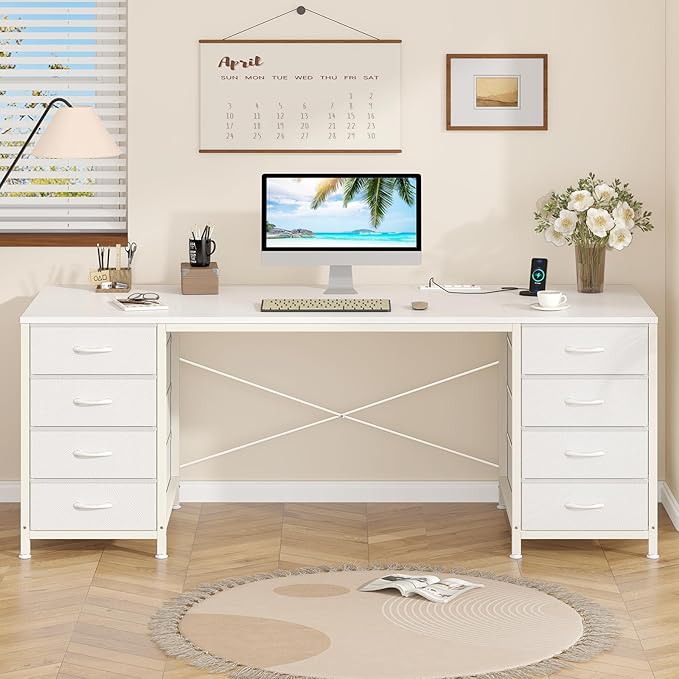 60 Inch Computer Desk with 8 Drawers, Home Office Desk with Power Outlets, Work Study Gaming Desk with 8 Fabric Drawers, White