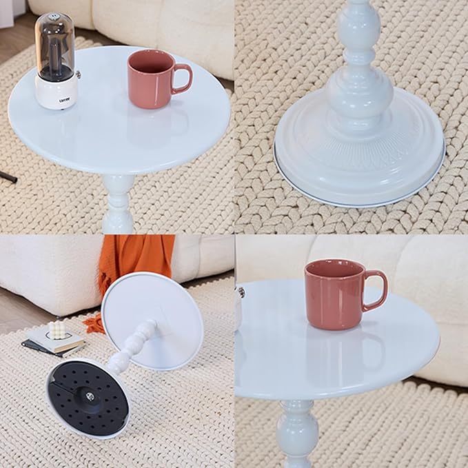 Elegant Vintage Round Side Table with Roman Columns - Sturdy Metal Design, Perfect as a Coffee, End, Tea, or Leisure Table for Living Room and Bedroom Decor ,21 (H) *15.7 (W) (White+White 1pack)