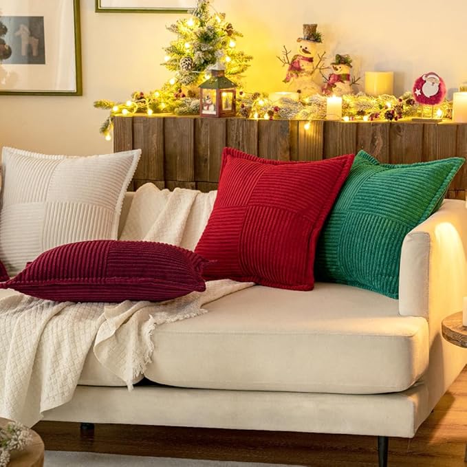 MIULEE Decorative Throw Pillow Covers for Couch Bed Livingroom 16x16 Inch Set of 2 White Boho Accent Throw Pllows Broadside Striped Patchwork Soft Corduroy Pillowcases