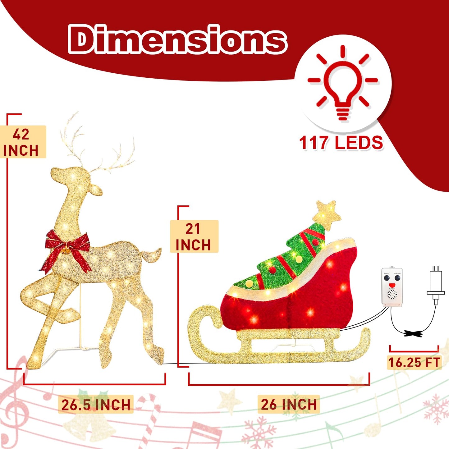 EAMBRITE Christmas Decorations Outdoor, 42 Inch Christmas Reindeer & Sled with 117 Warm White Lights, Motion Sensor 2D Music Lighted Deer Christmas Decor for Xmas Tree Lawn Porch Garden