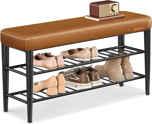 VASAGLE EKHO Collection - Shoe Rack Bench, Storage Bench for Entryway, Synthetic Leather with Stitching, Mid-Century Modern, Loads 300 lb, 11.8 x 39.4 x 19.7 Inches, Caramel Brown ULSB113K01