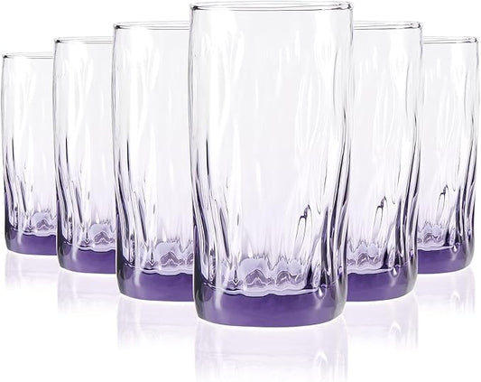 CREATIVELAND Solid Color Drinking Glasses Set of 6, 13.5 OZ Wind-blown Ripples Glass Tumbler Glassware for Water, Juice, Different Options for Home, Restaurant, Hotel, Bar,Purple