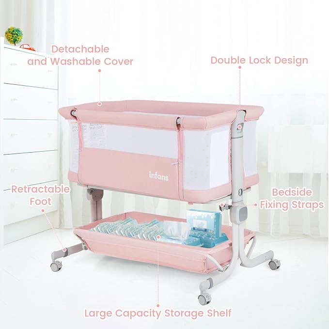 INFANS 3 in 1 Baby Bassinet, Bedside Sleeper with Comfy Mattress, Wheels, 6 Height Adjustable, Storage Basket, Travel Bag, Portable All Mesh Crib for Newborn Infant (Pink)