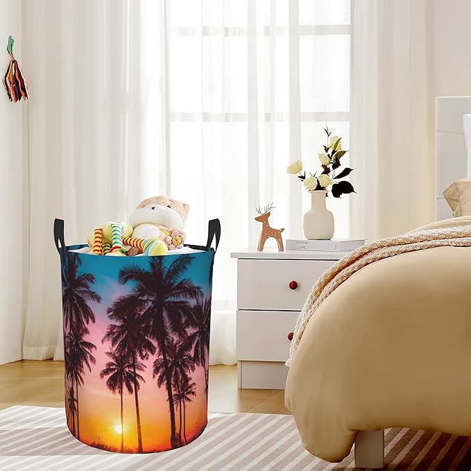 Laundry Hamper, Beach Palm Trees Sunset Landscape Laundry Basket,Waterproof Foldable Storage Bin for Bedroom,Clothes Organizer Basket,Toys Box 16x20 Inch