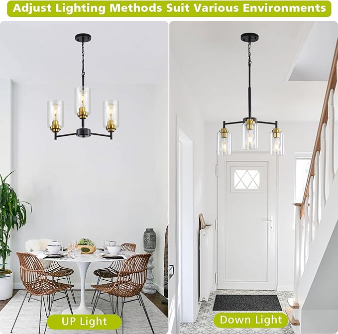 9MMML 3 Lights Black and Gold Chandelier, Modern Glass Ceiling Chandelier Light Fixture for Dining Room, Kitchen, Over Table,Foyer, E26 Base