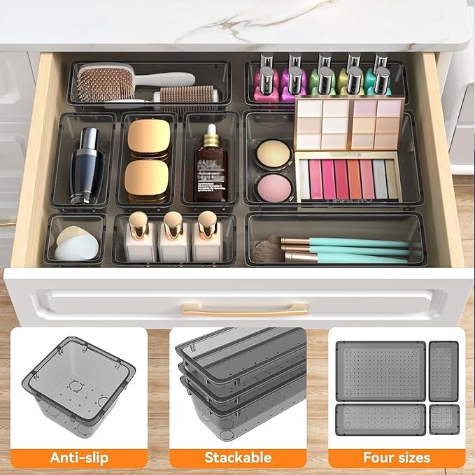 WOWBOX 44 PCS Clear Plastic Drawer Organizer Set, 4 Varied Size storage Bins and Desk Drawer Organizer Trays for Makeup, Gadgets, Jewelry and Utensils in Bathroom, Bedroom and Office, Clear Black