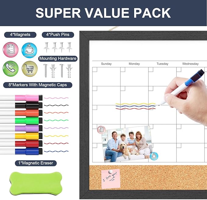 Dry Erase Calendar for Wall, 18x24 Inches Calendar Whiteboard for Wall, Magnetic Monthly White Board Corkboard with Wood Framed, Hanging Dry Erase Board for Kitchen Home Office School Planner
