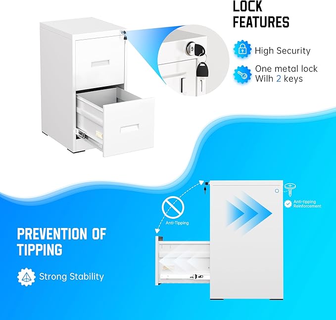 Greenvelly 18" D File Cabinet, 2 Drawer Filing Cabinet with Lock, Locking Vertical File Cabinet for Home Office, White Metal File Cabinet for Hanging Letter/Legal Folders, Easy Assemble