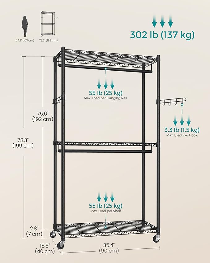 SONGMICS Heavy-Duty Rolling Clothes Rack, Garment Rack, Portable Closet, 35.4-Inch Wide Clothing Rack on Wheels, with Adjustable Mesh Shelves and Hanging Rails, Hooks, Ink Black ULGR413B01