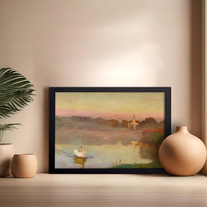 Poster Master Vintage Pond in Radziejowice Poster - Retro Swan Print - Lake Art - Landscape Art - Farmhouse Art - Animal Lover Art - Aesthetic Living Room or Office Decor, 16x20 Black Framed