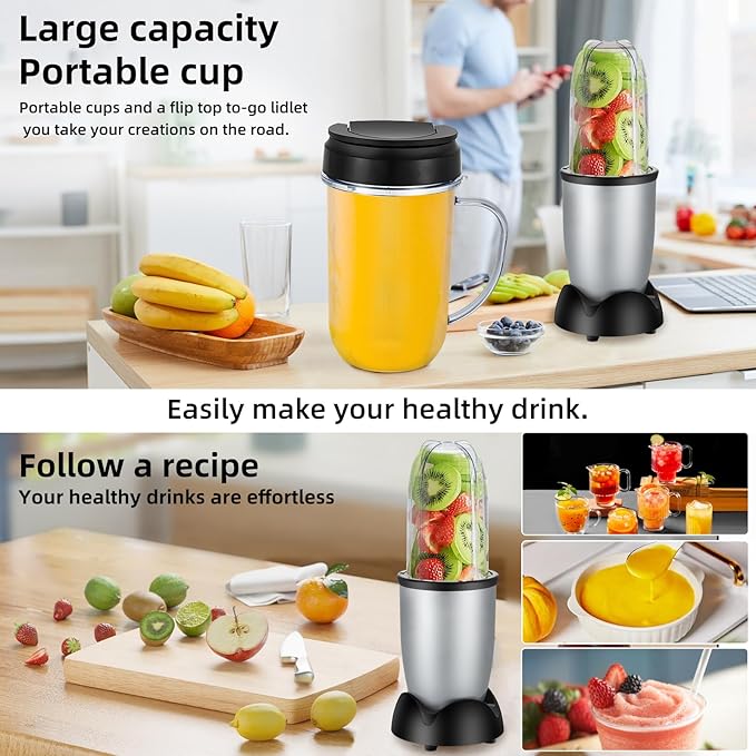 Panana Personal Drink Mixer Blender, Portable Blender for-Smoothies 18 Oz, Shakes, Food Prep, and Frozen Blending, Includes Blending Blade, Drink Lids and Extra 2 Cups