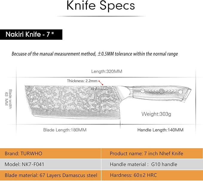 Professional Nakiri Knife 7 Inch - Classic Damascus pattern Japanese VG-10 Steel Chef Knives