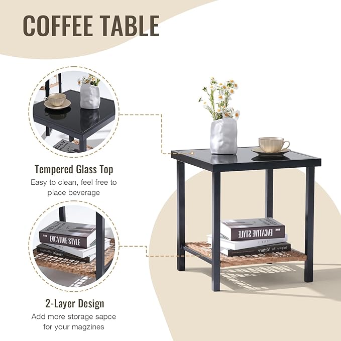 SUNSITT 3 Piece Outdoor Bistro Set, Wicker Patio Rocking Bistro Set w/Weather-Resistant Cushions, Metal Bistro Table & Chairs Set of 2, Woven Rattan Patio Rocking Chairs Set w/Outdoor Coffee Table