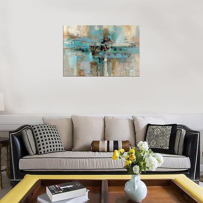 DZL Art A74769 Canvas Prints Abstract Wall Art Print Paintings Blue and Brown Stretched Canvas Wooden Framed for Living Room Bedroom and Office Home Decor Artwork