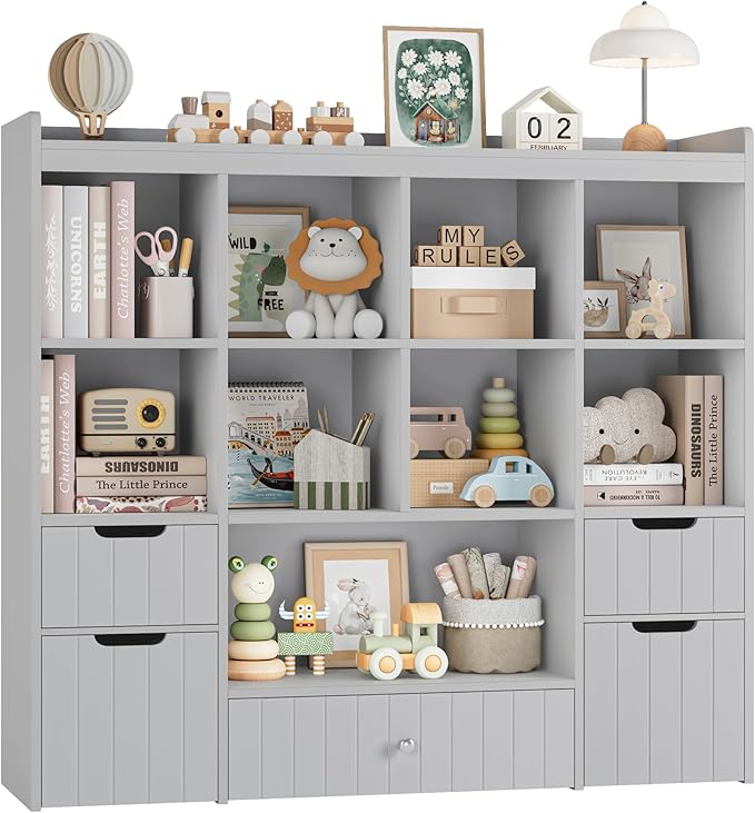 HORSTORS 48" W Kids Toy Storage Organizer, Large Toy Storage Chest with Removable Bins, 46" H Kids Bookshelf and Bookcase with Drawers for Boys and Girls, Modern Toy Box for Playroom, Classroom, Grey