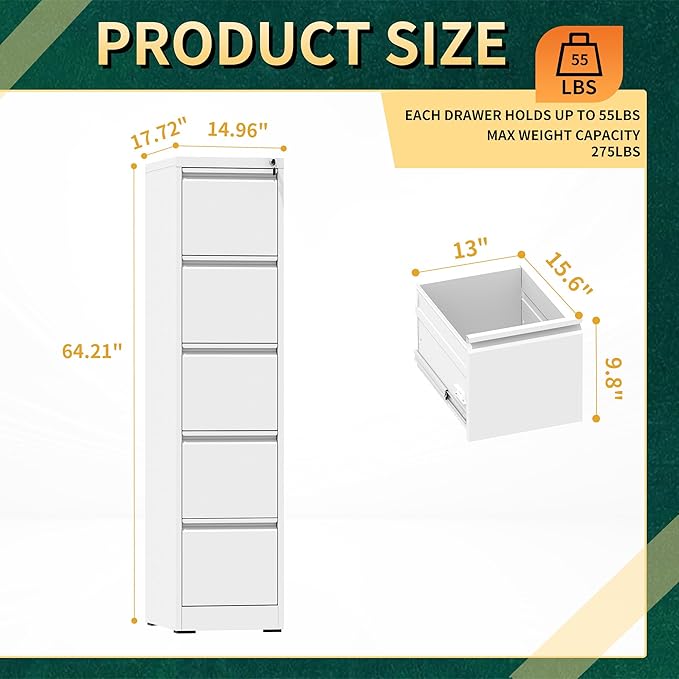 5 Drawer File Cabinet with Lock, Steel Vertical Filing Storage Cabinet for Home Office, Heavy-Duty File Cabinets for Letters/Legal/A4 (Require Assembly, White)