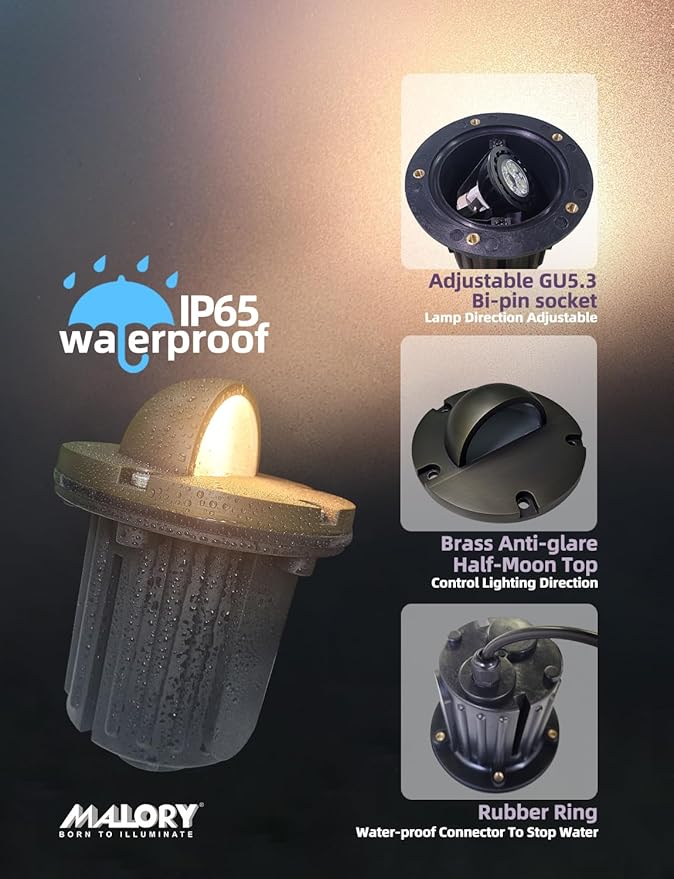 MALORY Brass Top Cover Landscape Well Lights,（6‘’H 12V Low Voltage Outdoor In Ground Lights,Landscape Lighting for Pathway, Driveway and Garden (Beacon Top, 10-Pack Without Bulb)